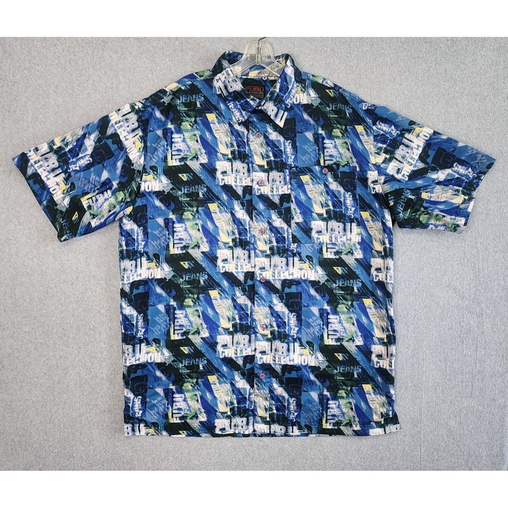 Fubu Hawaiian Camp Shirt Mens 1X Button Up‎ Blue All Over Graphic Print Skater